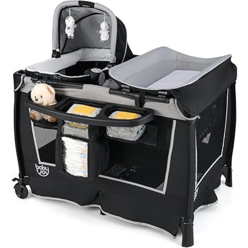 BABY JOY 5 in 1 Pack and Play, Portable Nursery Center Baby Playard w/Bassinet & Diaper Changing Table, Bag, Infant Bassinet Crib Activity Center for Baby Toddlers Indoor Outdoor (Space Grey, Classic)