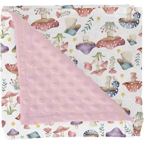 Fairytale Mushroom Baby Blankets for Girl Boy Colorful Mushrooms Floral Leaves Soft Mink Dotted Backing Double Layer Swaddle Blanket Magical Plant Bed Throws for Newborn Toddler Crib 30x40