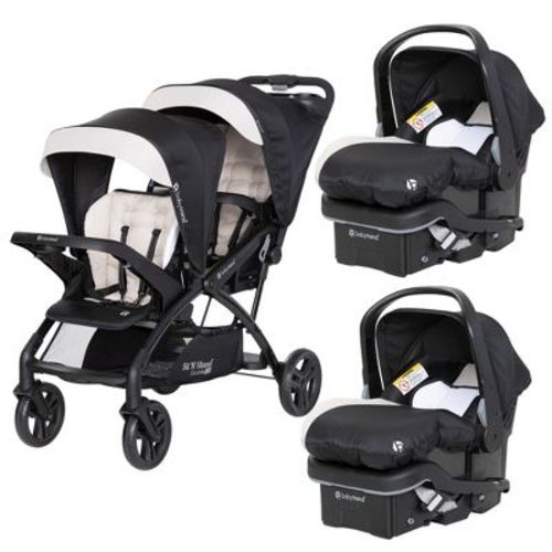 Baby Trend Sit N' Stand Double Stroller 2.0 And 2 Ez-lift 35 Plus Car Seat Combo Set For Toddler & Infant, With 5 Point Safety Harness, Modern Khaki