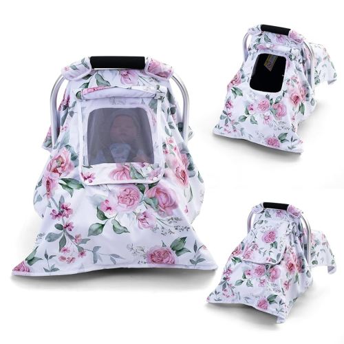 Baby Car Seat Cover, Carseat Covers Baby Girls, Infant Car Seat Cover with 2 Layer Windows, Breathable Baby Carrier Sun Shade Cover, Windproof Car Seat Canopy Weather Shield for Newborn
