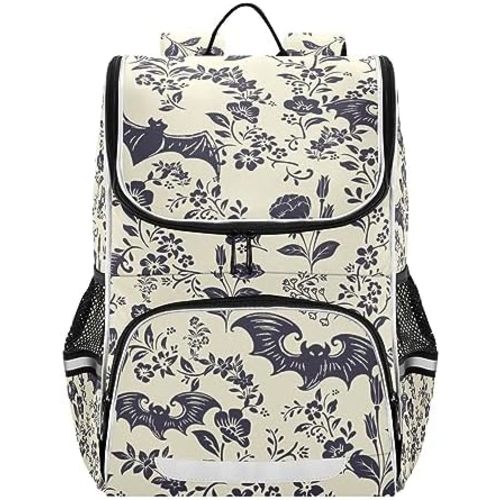 Goth Bat Flowers Backpack with Reflective Strip for Kids Boys Girls Elementary School Bag Removable Chest Strap