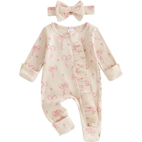 Newborn Baby Girl Coming Home Outfit Ruffle Romper Onesie Cute Ribbed Knit Jumpsuit Winter Clothes and Headband (Sweet Bow Cream, 0-3 Months)