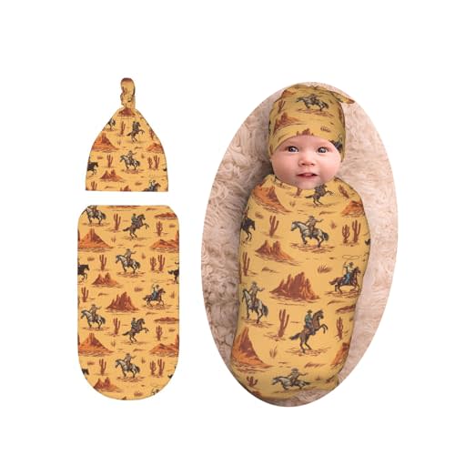 Western Swaddle Blanket with Beanie Set, Soft Baby Swaddle Sack Newborn Sleeping Sacks for Girls Boys