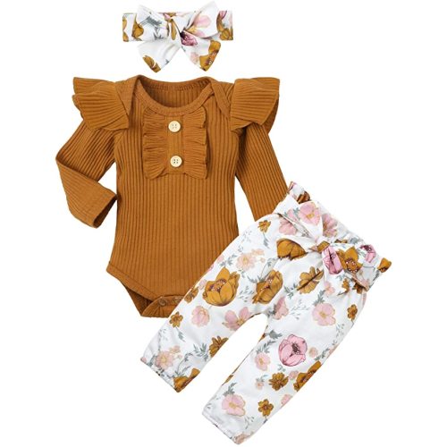  KANGKANG Newborn Baby Girl Clothes Baby Girl Outfits Ribbed  Ruffle Sleeve Romper + Floral Pants + Cute Headband Baby Clothes for Girls  Infant Girl Clothes Cream Brown 3Pcs: Clothing, Shoes 