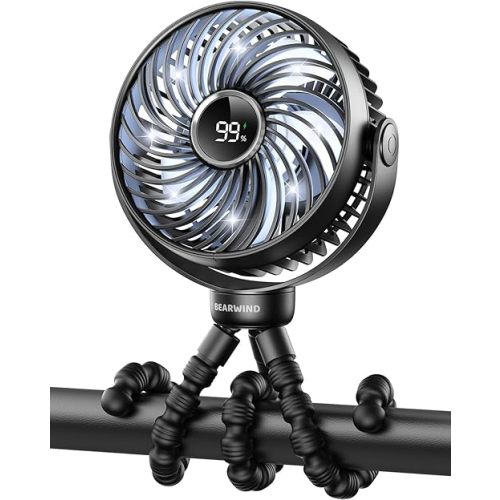 Portable Stroller Fan for Travel, LED Night Light Clip on Fans Operated by Rechargeable Battery, Cordless Fan with Tripod Car Seat Baby Pram (Black)