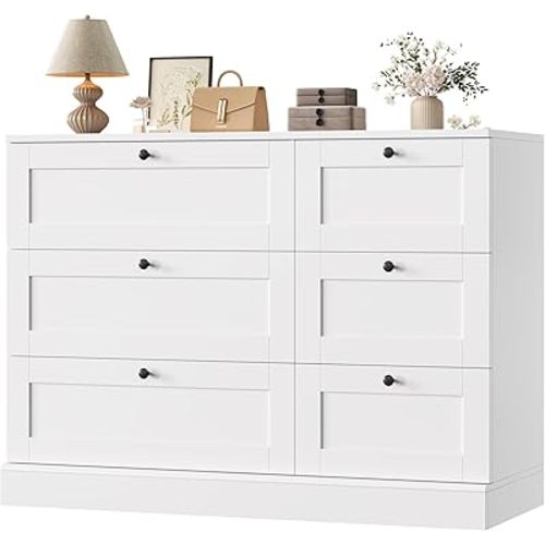 HOSTACK 6 Drawer Dresser, White Dresser for Bedroom, Wood Wide Chest of Drawers, Modern Drawer Chest for Living Room, Entryway, Hallway, White