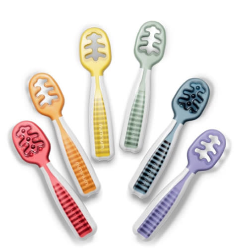 NumNum Baby Spoons Set, Baby Essentials Pre-Spoon GOOtensils for 6+ Months, First Stage Self-Feeding Spoons for Baby Led Weaning (BLW), Silicone Toddler Utensils, BPA-Free, 6 Pack Rainbow