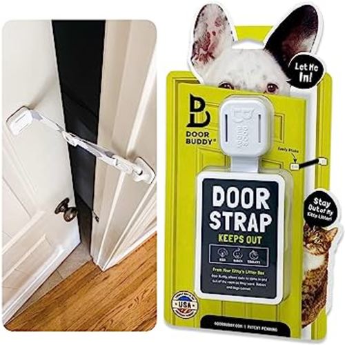 Door Buddy Pet Door Latch for Cats - Grey. Adjustable Cat Door Strap. Dog Proof Litter Box & Cat Feeding Station Without Pet Gate or Cat Door for Interior Door. Most Customizable Cat Door Latch Holder