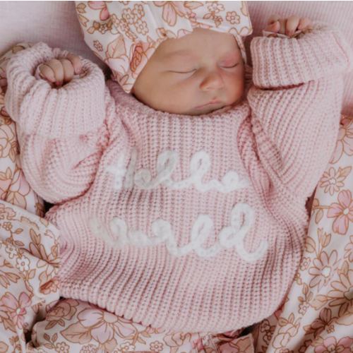 'Hello World' Chunky Knit Jumper | Baby Pink – Little and Fern