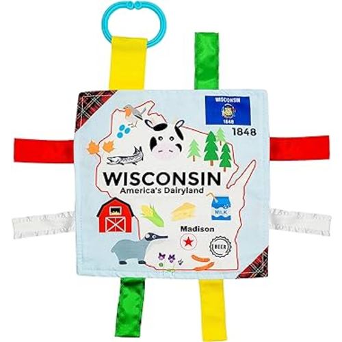 Baby Jack & Co 8x8” Learning Lovey Tag Toys for Babies - Baby Crinkle Toys - Crinkle Toys for Baby - Soft & Safe - Learn USA State Facts - Ideal Baby Toy BPA Free w/Stroller Clip (Wisconsin)