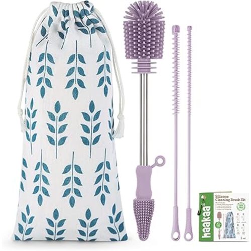 haakaa Silicone Cleaning Brush Kit - Baby Bottle Brush Cleaner for Breast Pump,Nipple,Breast Milk Storage Bag,Reusable Straw,Sippy Cup - Food Grade Silicone Bristles, Portable - 3 Pcs - Lavender