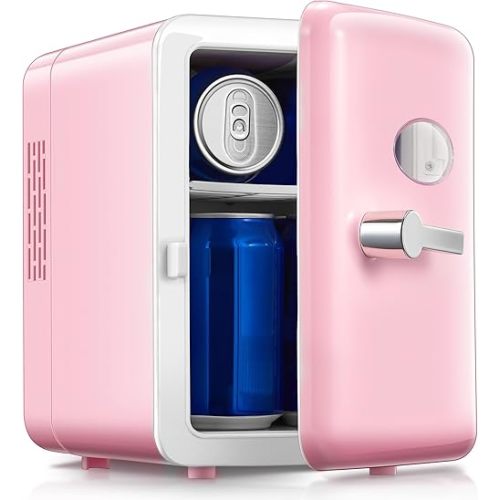 Reemix Mini Fridge, 4L/6 Cans Retro Portable Cooler For 120V Home & 12V DC Car Use, Skincare Fridge for Bedroom, Car, Office, Dorm, Pink