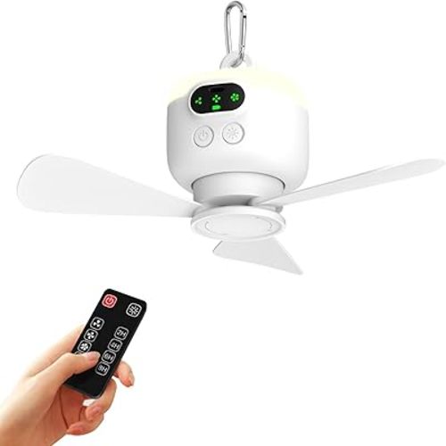 VVU&CCO Portable Ceiling Fan for Camping with Remote Control,8000mAh Battery Operated,Canopy Fan Rechargeable,3 Detachable Blades,Hanging Hook,Timer,4 Speeds for Outdise Canopy Porch Gazebo Beach