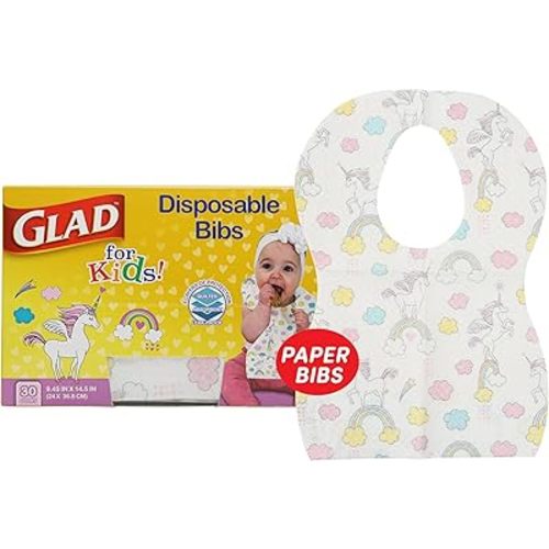 Glad for Kids Unicorn Paper Disposable Bibs with Crumb Catcher for Feeding - Absorbent and Leakproof Eating and Travel Must Haves for Mess-Free Meals, 30 Count