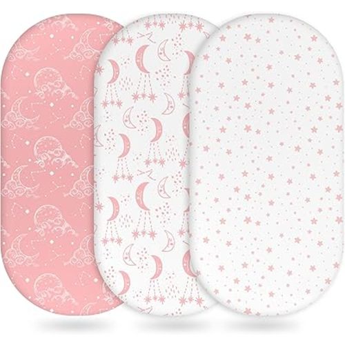 Baby Bassinet Sheets Girl Boy, Fitted Bassinet Sheet Set 3 Pack Bassinet Mattress Sheets Universal Fit for Rectangle, Round, Oval, Hourglass Mattress, Soft Breathable Pink White Moon