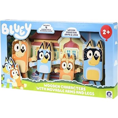 Bluey Characters Wooden Figures Set of 4, Colorful Articulate Toddler Wooden Toys with Bingo, Chilli, and Bandit, Block Set for Kids Ages 3+