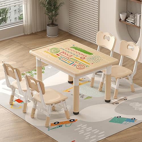 Kids Table and Chairs Height Adjustable, Toddler Table and Chair Set, 31.5''L x 23.6''W Graffiti Table with 4 Chairs, for Reading, Drawing, Eating, for Ages 3-8, Burlywood