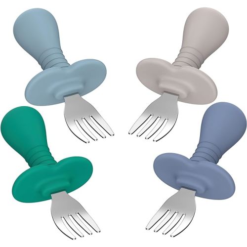 4Pcs Toddler Forks Baby Forks Set - Self-Feeding Utensils with Soft-Silicone Handles, 18/8 Stainless Steel, Anti-Choke & BPA-Free Cutlery Set