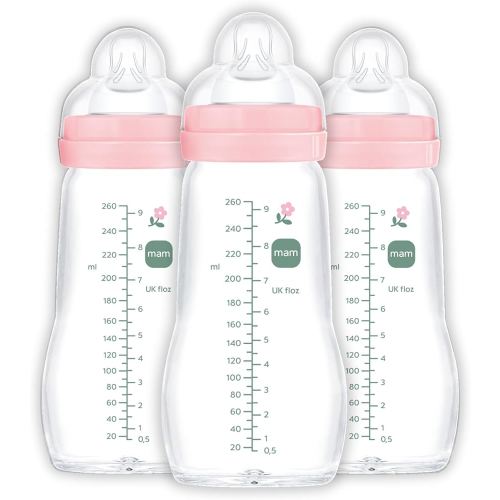MAM Premium Glass Baby Bottles, Easy Switch Between Breast and Bottle, Feel Good Medium Flow, Newborn Essentials Must Have, 2+ Months, BPA Free, 9oz, Girl, 3 Pack