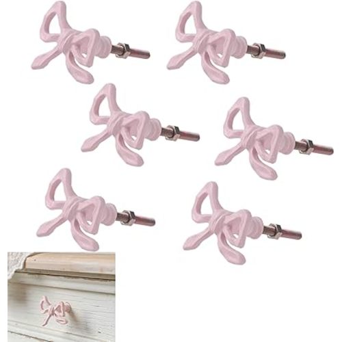 Pink Bow Cabinet Knobs 6 Pack - Decorative Pull Handles for Home Kitchen Cupboard Dresser Wardrobe and Drawer Hardware