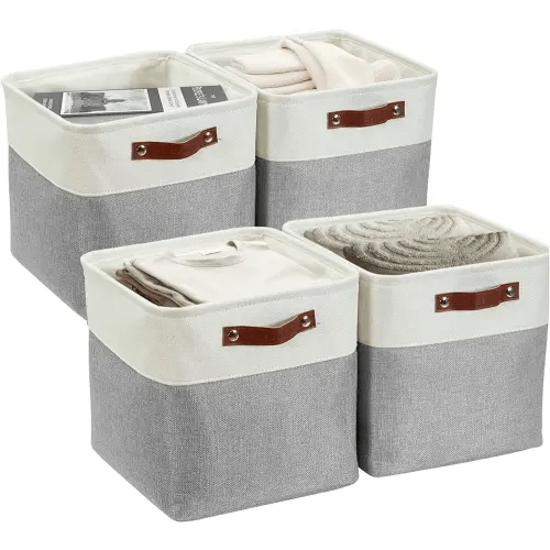 DECOMOMO Cube Storage Organizer Bins 11 inch Cube Storage Bin 4 Pack Cubby Storage Bins Storage Baskets for Organizing Shelf Closet Nursery Toys Cloth Bathroom (Grey&White)