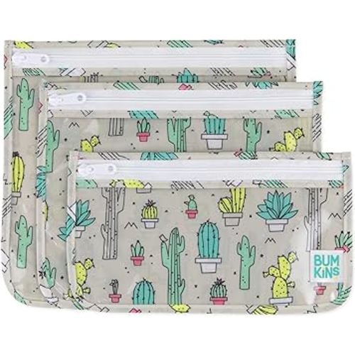 Bumkins Travel Bag, Toiletry, TSA Approved Pouch, Zip Bag, Quart Size Airline Compliant, Clear-Sided, Baby, Diaper Bag Organization, Makeup, Accessories, Packing, Set of 3 Sizes, Cactus Green