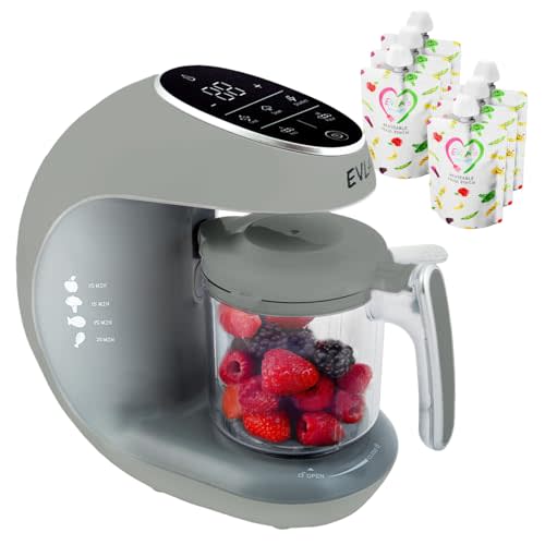 EVLA'S Baby Food Maker, Steamer, Blender, Baby Food Processor for Healthy Homemade Baby Food in Minutes, Touch Screen with 6 Reusable Food Pouches, Baby Registry Essential, Grey