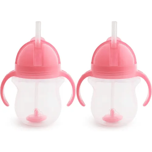 Munchkin Any Angle Sippy Cups for Toddlers, Spill Proof Weighted Straw Cup with Transition Handles for Babies 6 Months and Up, 7 Ounce, 2 Pack, Pink
