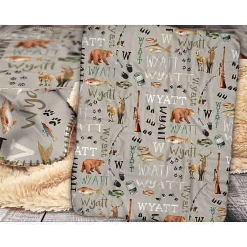Personalized Hunting Fishing Blanket - Custom Hunting Baby Blanket- Hunting Baby Blanket - Personalized Name Blanket - Outdoors Bear Deer