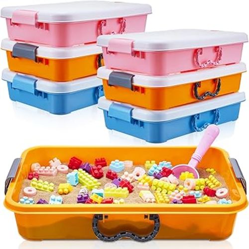 Suzile 6 Pcs Portable Sand Tray with Lid Small Colorful Sensory Bin Play Plastic Sand Tray with Handles Gift for Christmas Water Sand Beads Container, 14.96 x 9.84 x 3.35 Inches, Blue, Orange, Pink