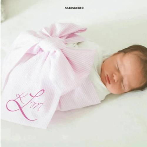Bowtie swaddle, Sear sucker and Gingham bows, first photos, custom embroidery, newborn pictures. Comes with white swaddle blanket.