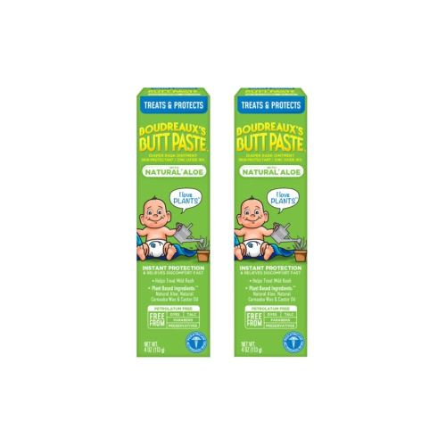 Boudreaux's Butt Paste with Natural* Aloe Diaper Rash Cream, Ointment for Baby, 4 oz Tube, 2 Pack