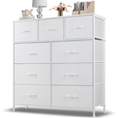9 Drawer Dresser, Wide Chest Of Drawers Nightstand Storage Tower Storage Dresser Fabric Dresser With Wood Top for Living Room, Bedroom, Hallway, , White