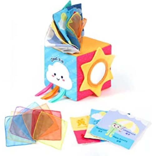 Jollybaby Baby Square Tissue Box Toy with Mirror, Soft Stuffed High Contrast Crinkle Montessori Sensory Toys - Early Educational Preschool Learning Toy for Toddler, Infants, Newborns & Kids(Weather)