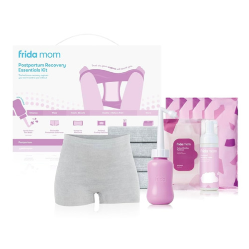 Frida Mom 11pc Postpartum Essentials Kit Gift Set, Hospital Bag Must Haves for New Mom, Includes 4 Disposable Postpartum Underwear, 4 Ice Maxi Pads, Perineal Healing Foam & 24 Pad Liners & Peri Bottle