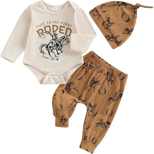 SAYOO This Is My First Rodeo Country Cowboy Funny Infant Baby Boy Bodysuit Long Pants Hat 3Pcs Western Coming Home Outfit