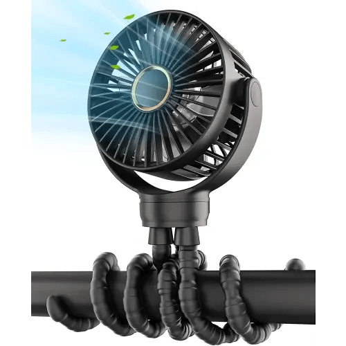 Stroller Fan: Rechargeable with TYPE-C Port, 4000mAh, 360° Rotatable, 3-Speed, Flexible Tripod, Clip Anywhere for Baby's Comfort - Durable and Easy to Clean, Black