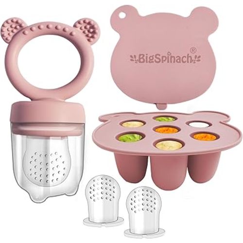 Silicone Freezer Tray and Baby Fruit Feeder Combo - Soothing Teething Relief and Food Storage Container for Babies (6 Months and Up) - Teether Toy (Pink)