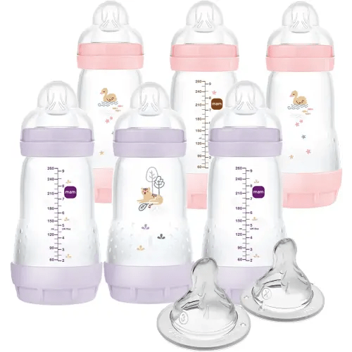 MAM 9oz Easy Start Anti-Colic Baby Bottle, Medium Flow with 2X Bonus Nipples, Breastfeeding-Like Silicone Nipple Bottle, Reduces Colic, Gas, & Reflux, Easy-to-Clean, BPA-Free, 2 Plus Months