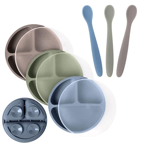WeeSprout 3 Suction Plates with Lids & 3 Soft-Tip Spoons Bundle - Complete Mealtime Set - Silicone Baby Dinnerware - Divided Toddler Plates - Microwave & Dishwasher Safe