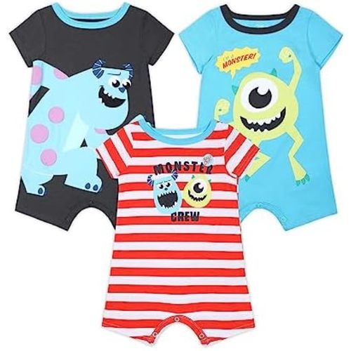 Disney Monsters Inc. Mike and Sully Boys 3-Pack Baby Romper Short Set for Newborn and Infants