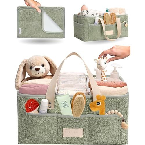 Baby Diaper Caddy Organizer with Portable Changing Mat - Teddy Fleece Diaper Organizer for Changing Table - Basket for Changing Essentials - Baby Essentials Organizer with Removable Dividers