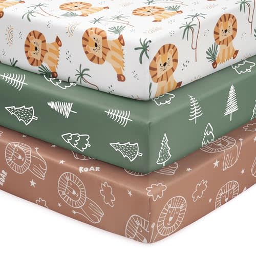 FIEMOL Baby Crib Sheets for Boys and Girls, 3 Pack Fitted Toddler Bed Sheets Neutral for 52”x28” Standard Crib and Toddler Mattresses, Super Soft Microfiber Brown Lion