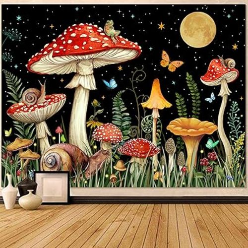 Zussun Red Mushroom Tapestry Moon Star Tapestries for Bedroom Aesthetic Starry Night Green Plant Tapastrys Wall Hanging Butterfly Snail Frog Wall Tapestry for Living Room Dorm (Black, 48" x 36")