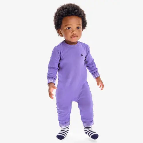 Baby embroidered stripe trim sweatshirt romper in violet - 6 to 12 Months