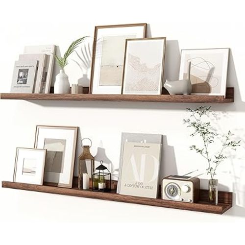 Fun Memories Picture Ledge Shelves Set of 2, 36 Inch Rustic Wall Mounted Floating Shelves with Lip for Home Storage and Décor in Bathroom, Kitchen, Nursery, Bedroom, Living Room, Walnut