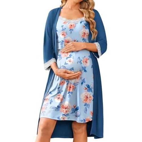 Ekouaer Women Lace Maternity Nursing Gown and 3/4 Sleeve Robe Set Double Layer Breastfeeding Nightgown Slip Dress & Bathrobe