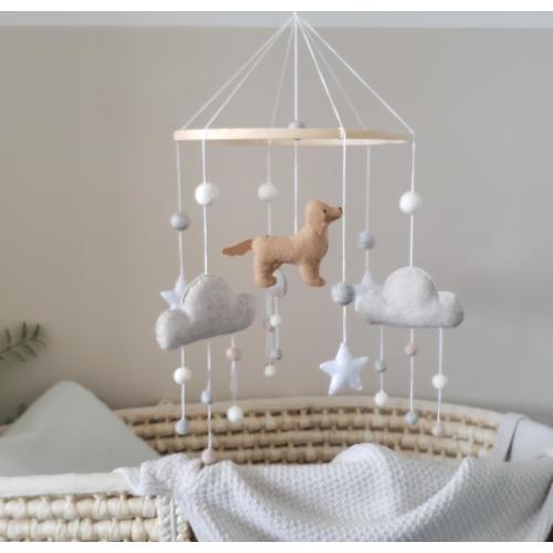 Golden retriever dog baby mobile,felt balls mobile,boho mobile dog,boys nursery mobile,dog mobile for nursery