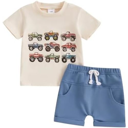 Toddler Baby Boy Summer Clothes Trucks Letters Short Sleeve T-shirt Top Elastic Waist Shorts Set Summer Outfit 2Pcs