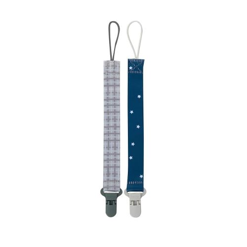 Nuby Pacifinder Baby Pacifier Clip - (2-Pack) - Pacifier Holder Clip with Convenient Hook Loop - Gray Plaid and Blue Stars